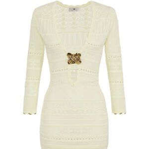 Cream Knit Long-Sleeve Bodycon Dress with Gold Accent